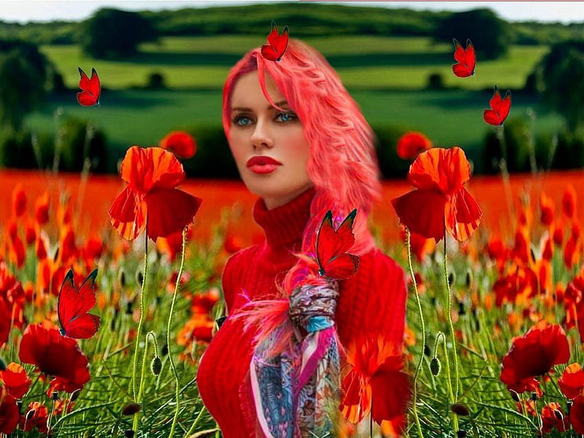 Ladies In Red 3, colorful, blue, vibrant, girl, butterflies, vivid, green, red, field, bright, bold, flowers HD wallpaper