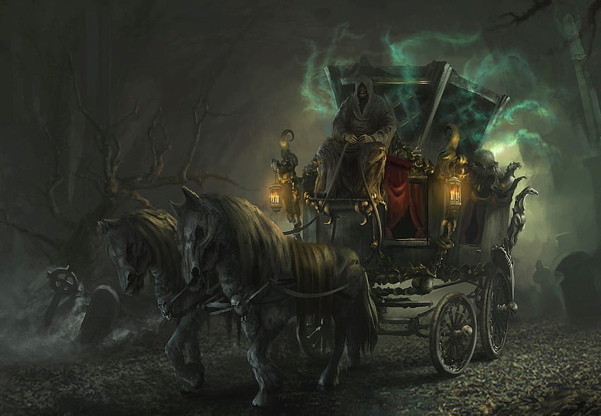 The Dark Side - Halloween, night, artwork, horses, coach, painting, ghost HD wallpaper