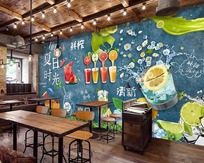 Envío Restaurante Fruit Shop Mural Drink Shop Custom 3D Black Board. Diseño de bar de jugos, Interior de bar de jugos, Hermoso diseño de interiores, Restaurante fondo de pantalla