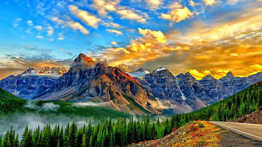Национален парк Банф, Алберта, езера, облаци, цветове, небе, канада, планини, скалисти планини HD тапет