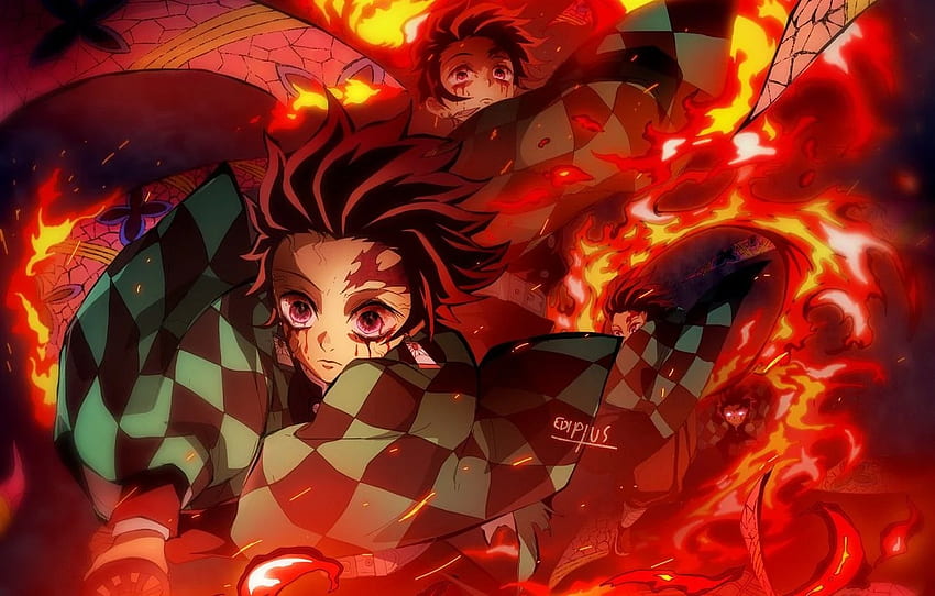 Kimetsu no Yaiba, Kamado Tanjiro, sword, demon, Demon face, fire, forest,  trees, anime, Anime screenshot, anime boys, blood, uniform, earring, night