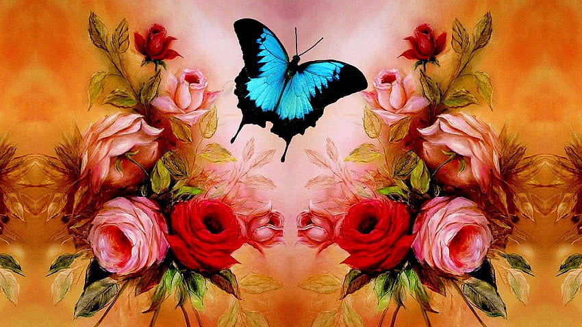 Swallowtail and roses, blue, butterflies, swallowtail, roses HD ...