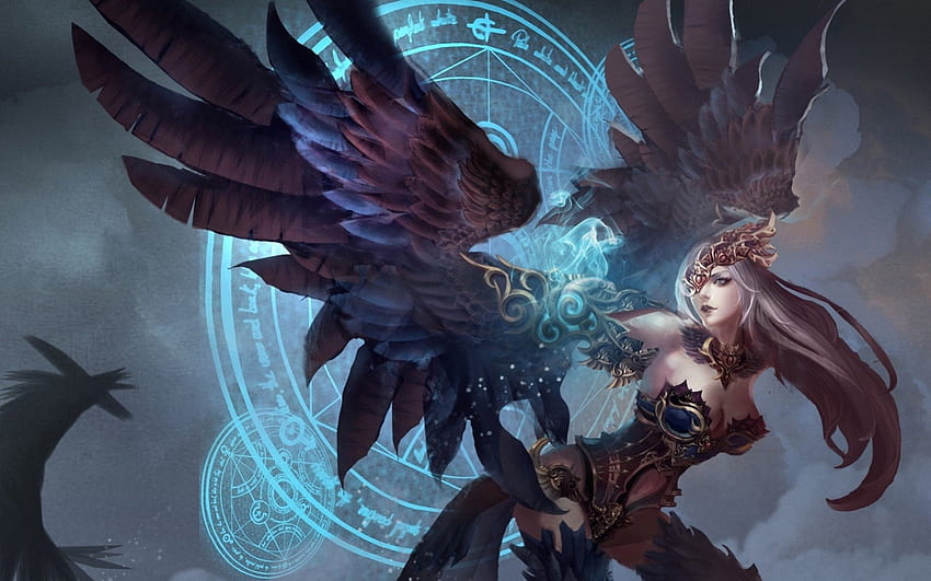 Fantasy girl, blue, wings, magic, girl, angel, woman, purple, feather, fantasy, game HD wallpaper