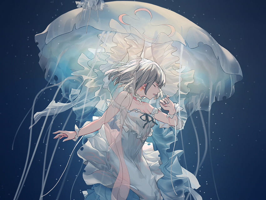 Bajo el agua, Chica anime, Ojos cerrados, Medusas, , 0ryhhb, Medusas de dibujos animados fondo de pantalla