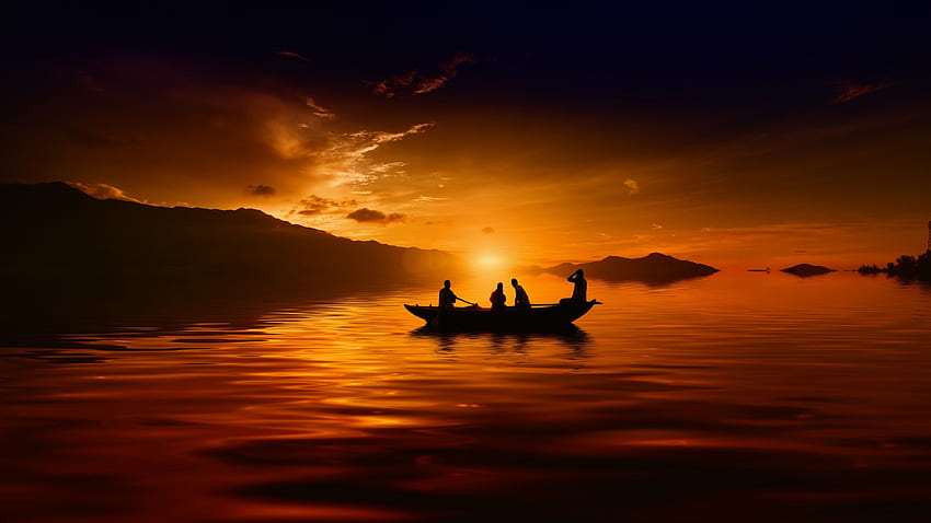 Sunset , People, Boat, Silhouette, Dusk, , , Nature Sunset HD wallpaper