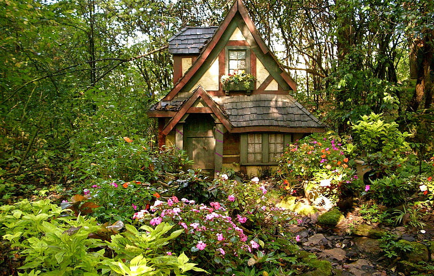 Lato, Rośliny, Ogród, Podwórko, Lato - Bajkowy domek - -, Angielski ogród wiejski Tapeta HD