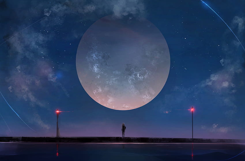 Big moon, anime girl, night, outdoor HD wallpaper