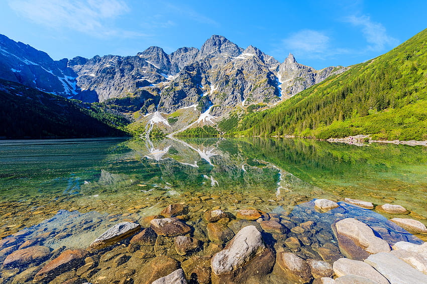 Morskie Oko Lake, Tatras, Poland, landscape, mountains, water, stones HD wallpaper