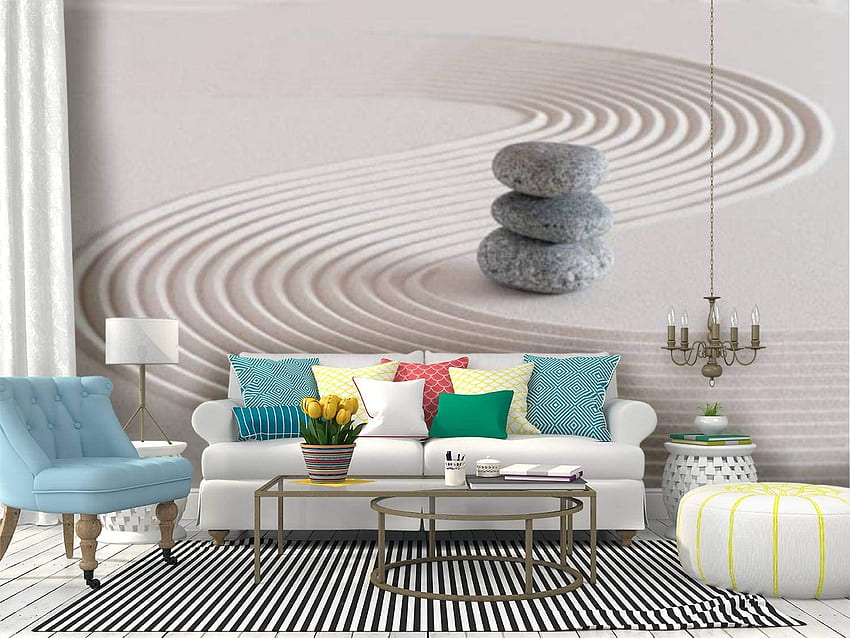 RECETHROWS Wall Mural Japanese Zen Garden with Stone in Textured Sand Peel and Stick Self Adhesive Wall Sticker Large Vinyl Film Roll Shelf Paper Home Decor : เครื่องมือ วอลล์เปเปอร์ HD