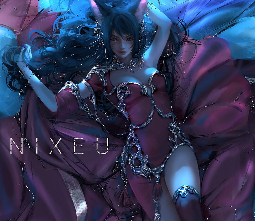Ahri, blue, art, nixeu, girl, fox, dark, pink, fantasy, luminos HD wallpaper