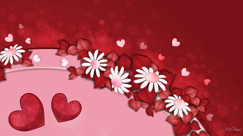 Daisies and Hearts, pink, Valentines Day, February, red, hearts, flowers, daisies HD wallpaper