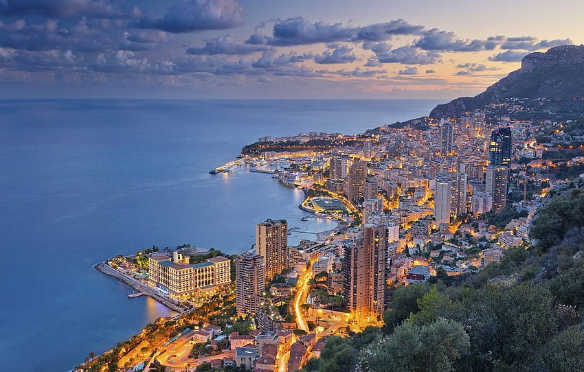 sea, coast, panorama, night city, Monaco, The Ligurian, French Riviera HD wallpaper