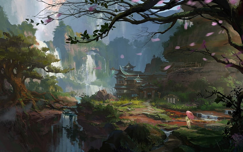 Frühling, Regenschirm, asiatisch, Kunst, Tempel, Rosa, Fantasie, Blütenblätter, Grün, Sakura, Wasserfall HD-Hintergrundbild