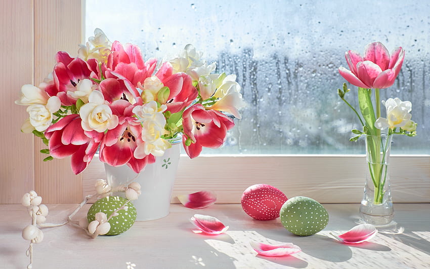 Happy Easter!, red, flower, green, easter, card, egg, tulip, white, window, pink HD wallpaper