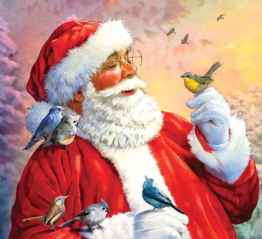 Papai Noel, Craciun, Arte, Pássaro, Homem, Pintura, Pictura, Natal, Vermelho, Larry Jones, Pasari papel de parede HD