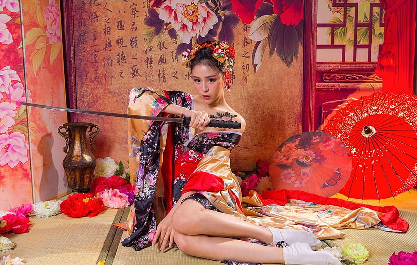 ragazza, fiori, posa, stile, armi, giapponese, giapponese Samurai Woman Sfondo HD