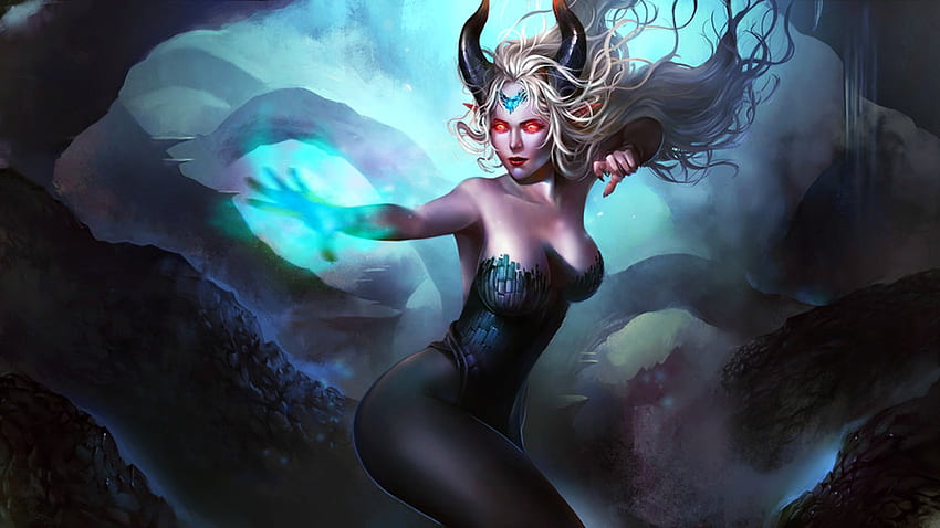 Demon princess, blue, horns, girl, unbrokendoll, dark, woman, fantasy, magical, luminos HD wallpaper