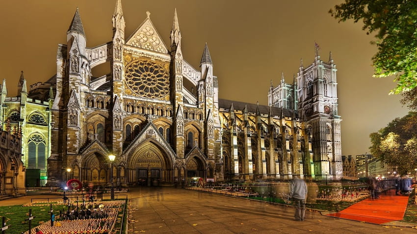 Westminster Abbey ในการเปิดรับแสงนาน กลางคืน แสงไฟ ลานป้องกัน ผู้คน มหาวิหาร วอลล์เปเปอร์ HD