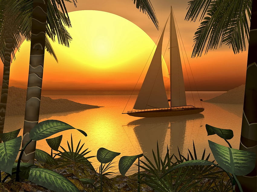 Sunset, boat, abstract, 3d HD wallpaper