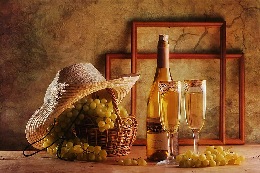 fruits and vine, composition, art , fruits, nice, bottle, basket, still life, vine, glasses HD wallpaper