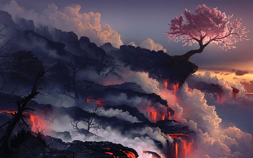 Lava Coole japanische Kunst. Landschaft, Fantasielandschaft, Vulkan, kühler japanischer Baum HD-Hintergrundbild