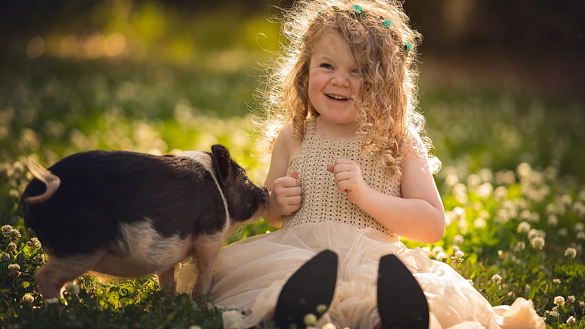 Rambut Keriting Yang Indah Tersenyum Gadis Kecil Yang Lucu Duduk Di Atas Rumput Dekat Babi Mengenakan Gaun Warna Peach Muda Yang Lucu Wallpaper HD