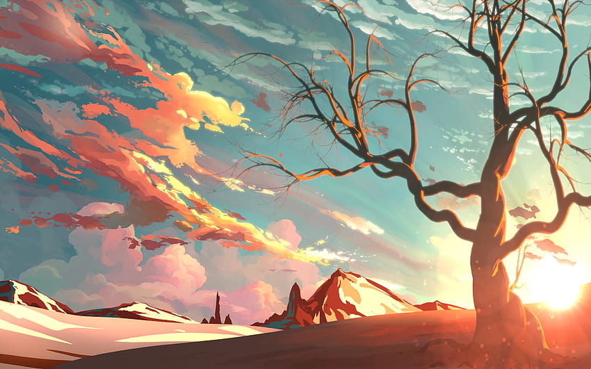 Pintura artística, sol, árbol, montaña, cielo, nubes fondo de pantalla