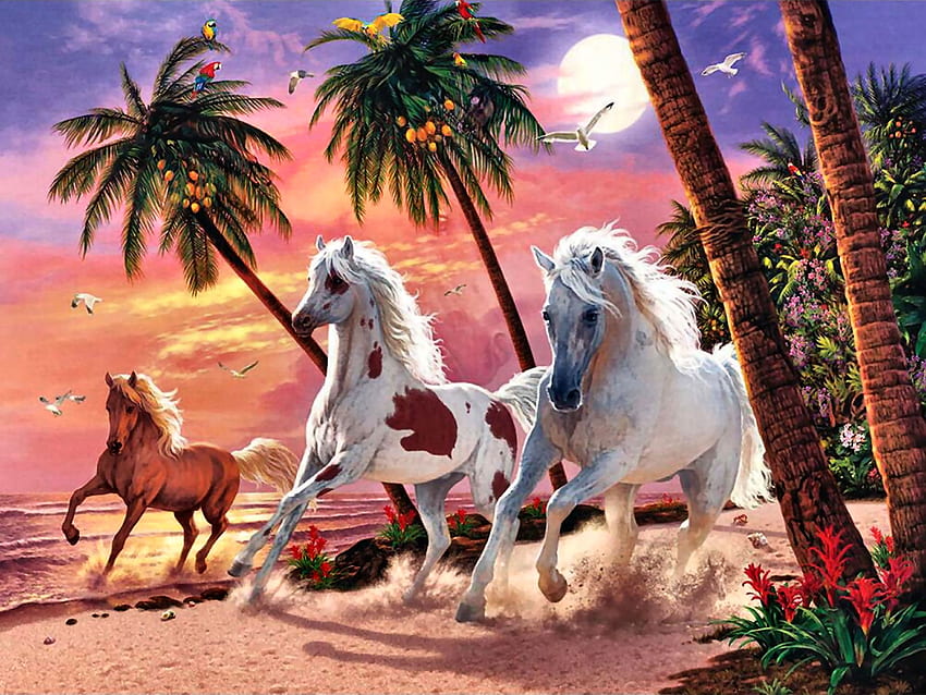 Sunset Splash - Cavalli, animale, cavallo, arte, bello, illustrazione, opere d'arte, schermo panoramico, pittura, equino, tramonto Sfondo HD