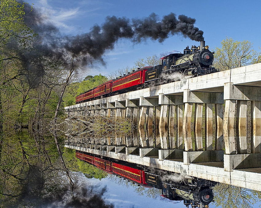 Texas State Railroad, fumaça, faixas, trem, vermelho papel de parede HD