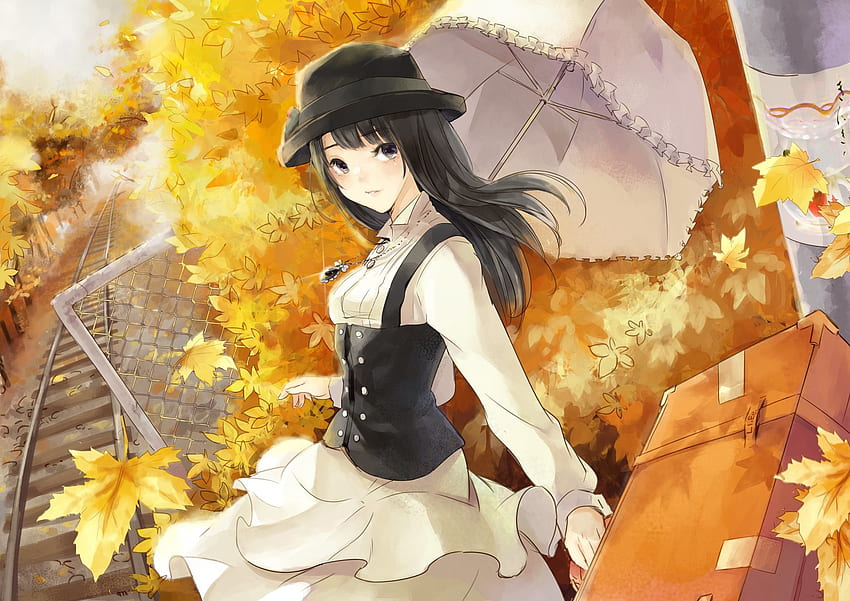 Girl dress hat umbrella leaf anime girl autumn-leaf | | 653259 | UP HD wallpaper