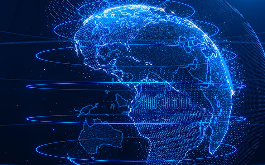 青いネオン地球、ネオン デジタル技術の背景、北アメリカ、南アメリカ、青いネオンの世界地図、デジタル技術、デジタル青の背景、解像度のネットワークの概念。 高品質 高画質の壁紙