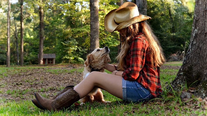 Cowgirl with dog, dog, girl, cowgirl, caine, woman HD wallpaper