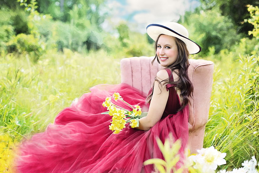 Flowers, Yellow, Pretty Woman, Field, beautiful woman, young adult HD wallpaper