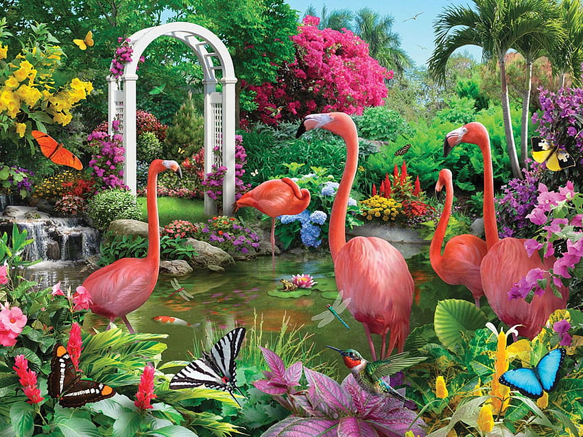 Flamingo Cove, butterflies, digital, birds, plants, art, trees, flowers, pond HD wallpaper