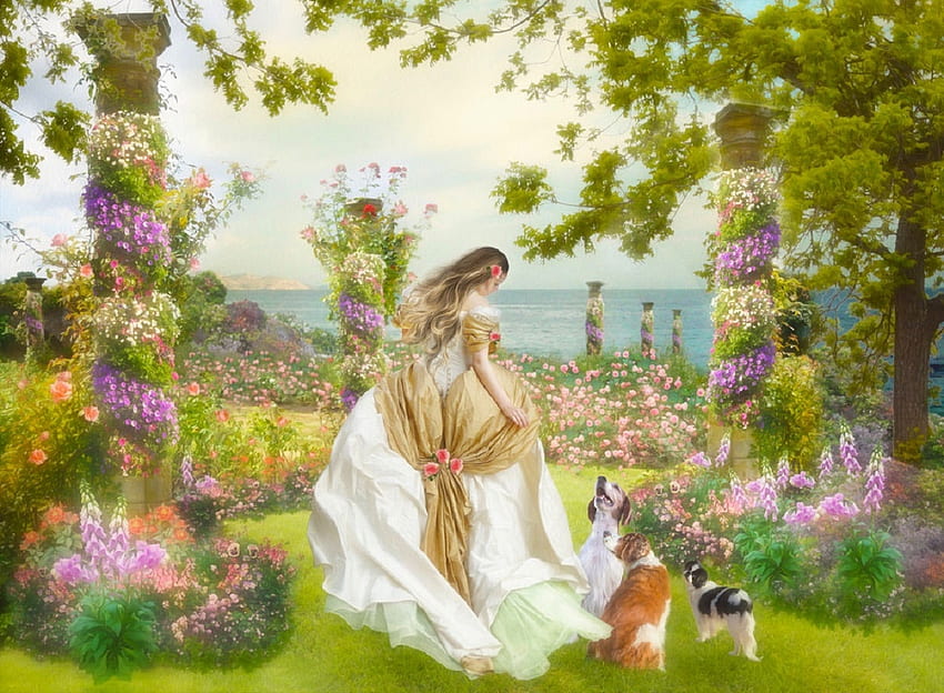 Walk in the Garden, roses, art, garden, girl, beautiful, nice, woman, digital, fantasy, pretty, animals, flowers, princess HD wallpaper