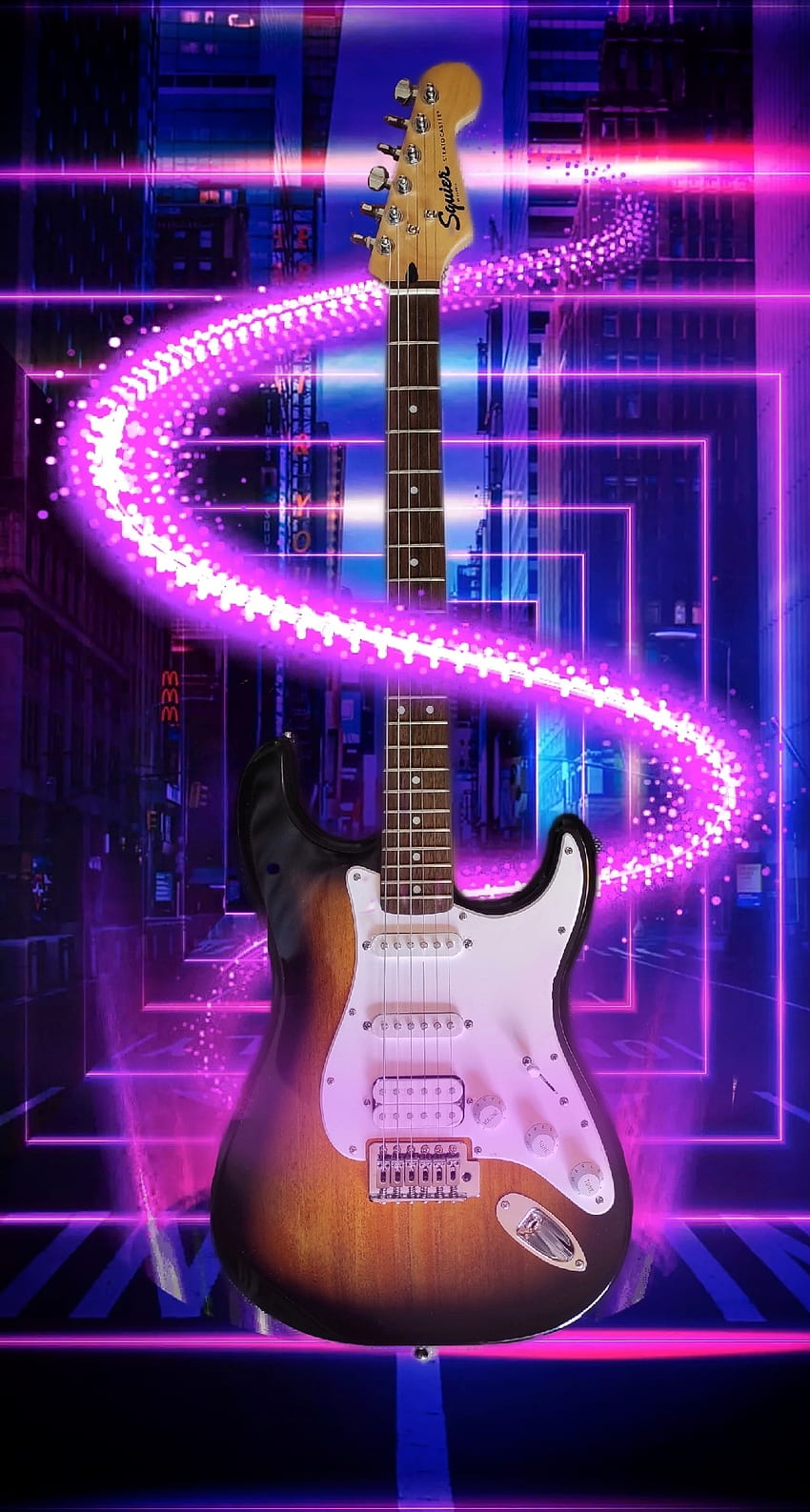 Squier Stratocaster TC, Kotflügel, Licht, Neon, Kugel, Gitarre HD-Handy-Hintergrundbild