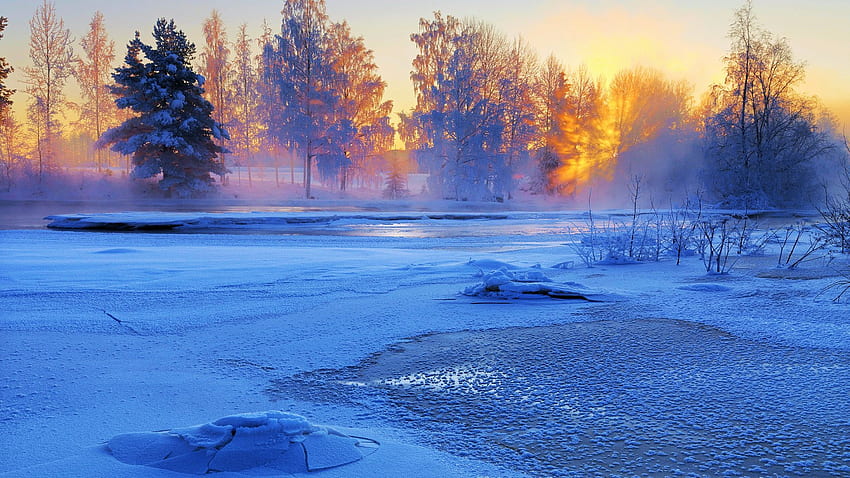 Voxnan River, Haelsingland, Sweden, scandinavia, snow, landscape, colors, trees, sky, ice, sunrise HD wallpaper