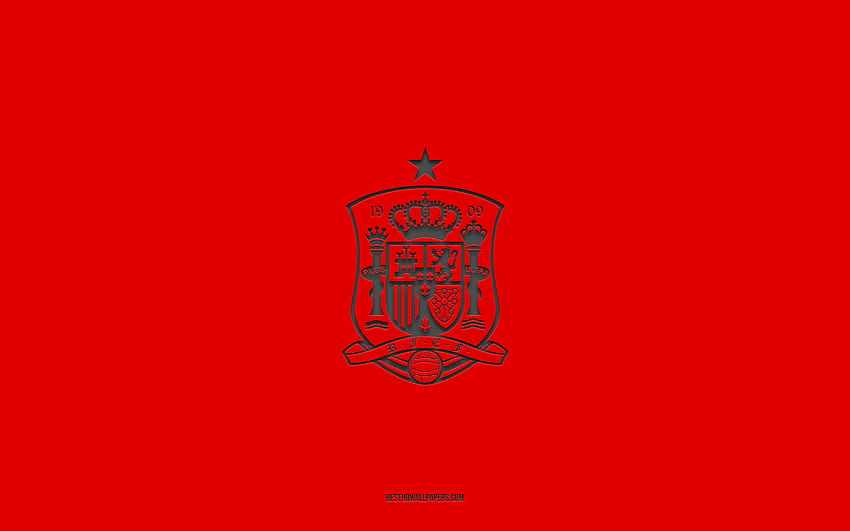 Национален отбор по футбол на Испания, червен фон, футболен отбор, емблема, УЕФА, Испания, футбол, лого на националния отбор по футбол на Испания, Европа HD тапет