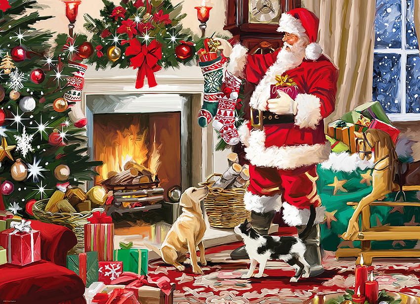 Les meilleurs amis du Père Noël, l'hiver, les vacances, les cadeaux, le confort, Noël, la cheminée, les amis, le père Noël Fond d'écran HD