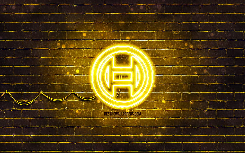 Gelbes Bosch-Logo, , gelbe Ziegelwand, Bosch-Logo, Marken, Bosch-Neon-Logo, Bosch HD-Hintergrundbild