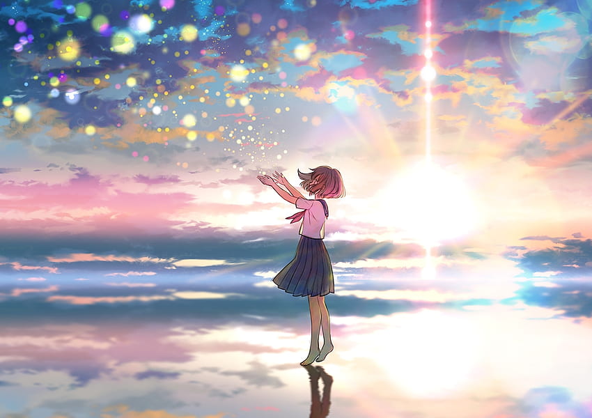 Outdoor, colorful, sky, sunset, original, anime girl HD wallpaper