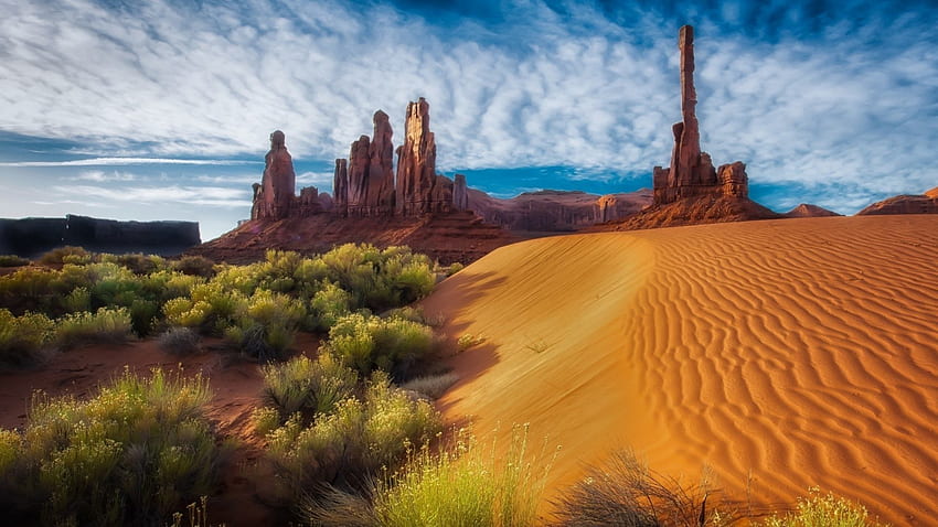 Пустиня - Дюни Монумент Долина Геология Ерозия Юта Храсти Аризона Пясъчник Бутс Красиви пустини Скали Облаци HD тапет