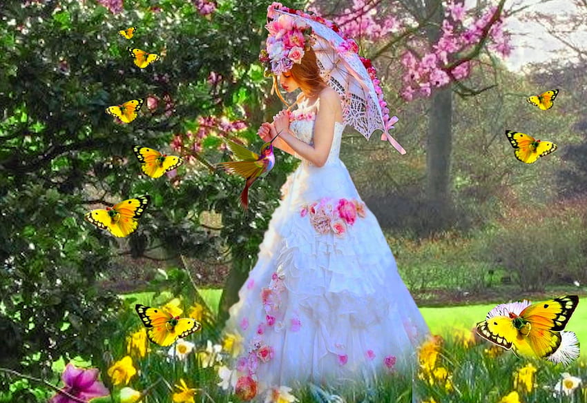 Spring Gathering, Mädchen, Blumen, bunt, weiß, lebendig, Schmetterlinge, rosa, lebendig, gelb, grün, hell, Bäume, fett HD-Hintergrundbild
