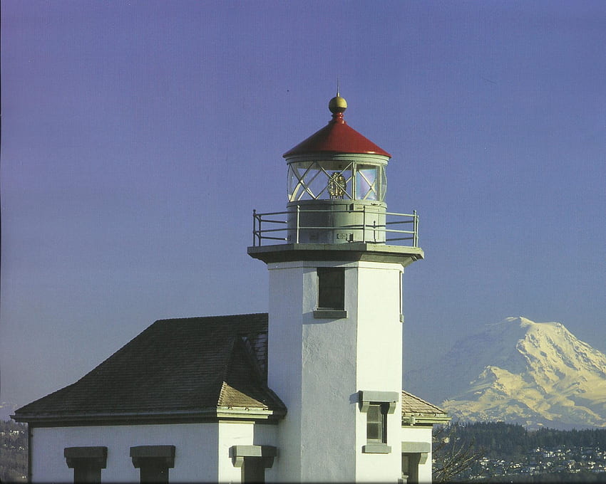 Piont Robinson Lighthouse, Washington, Mount Rainier, faro, cielo, mountian Sfondo HD