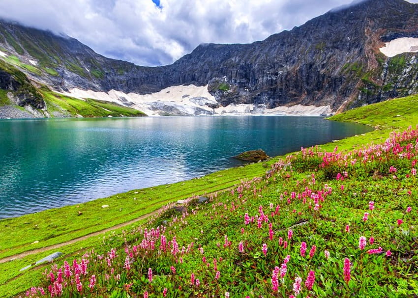 Mountain Lake, turquoise waters, beautiful, grass, Pakistan, spring, mountain, snow, clouds, flowers HD wallpaper