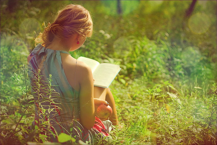 Joyful Leisure, sunshine, reading, girl, grass, summer, apple, , lovely ...