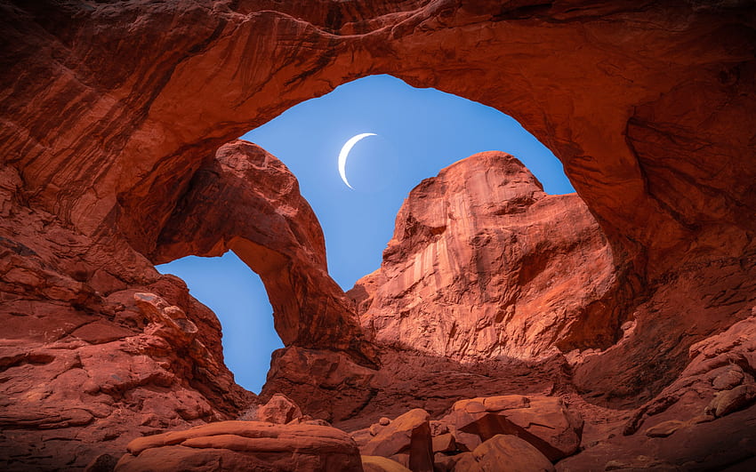 Cresent Moon Viewed Through a Double Arch, nature, moon, canyons, usa HD wallpaper