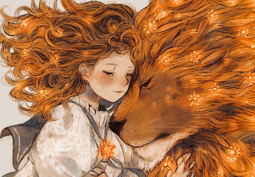 Lion and girl, fantasy, artwork HD wallpaper