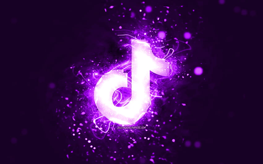 Logo TikTok violet, , lampu neon violet, kreatif, latar belakang abstrak ungu, logo TikTok, jejaring sosial, TikTok Wallpaper HD