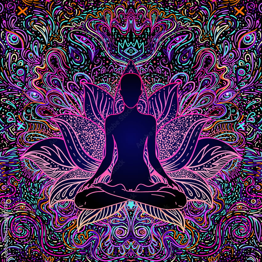 Sitzender Buddha über buntem Neonhintergrund. Vektor-Illustration. Psychedelische Pilzzusammensetzung. Indisch, Buddhismus, Spirituelles Tattoo, Yoga, Spiritualität. Aufkleber, Aufnäher, bunte Hippie-Kunst der 60er Jahre. Aktienvektor. Adobe Stock, Neon-Buddha HD-Handy-Hintergrundbild